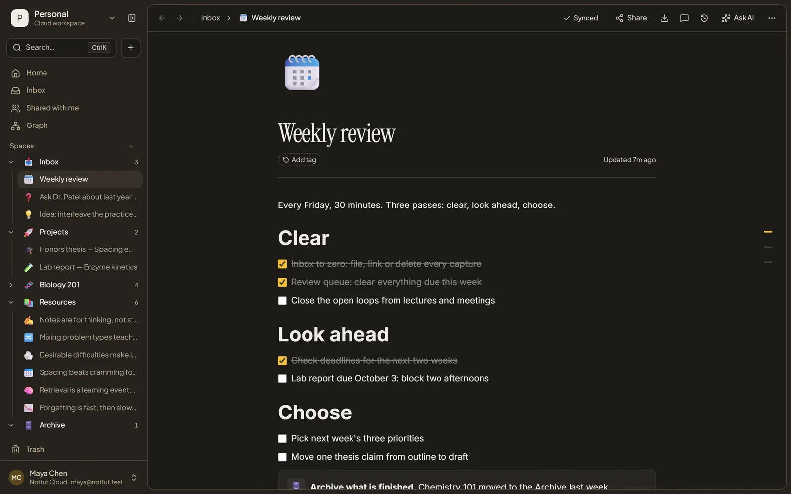 A Nottut weekly review page with three checklists: Clear, Look ahead and Choose