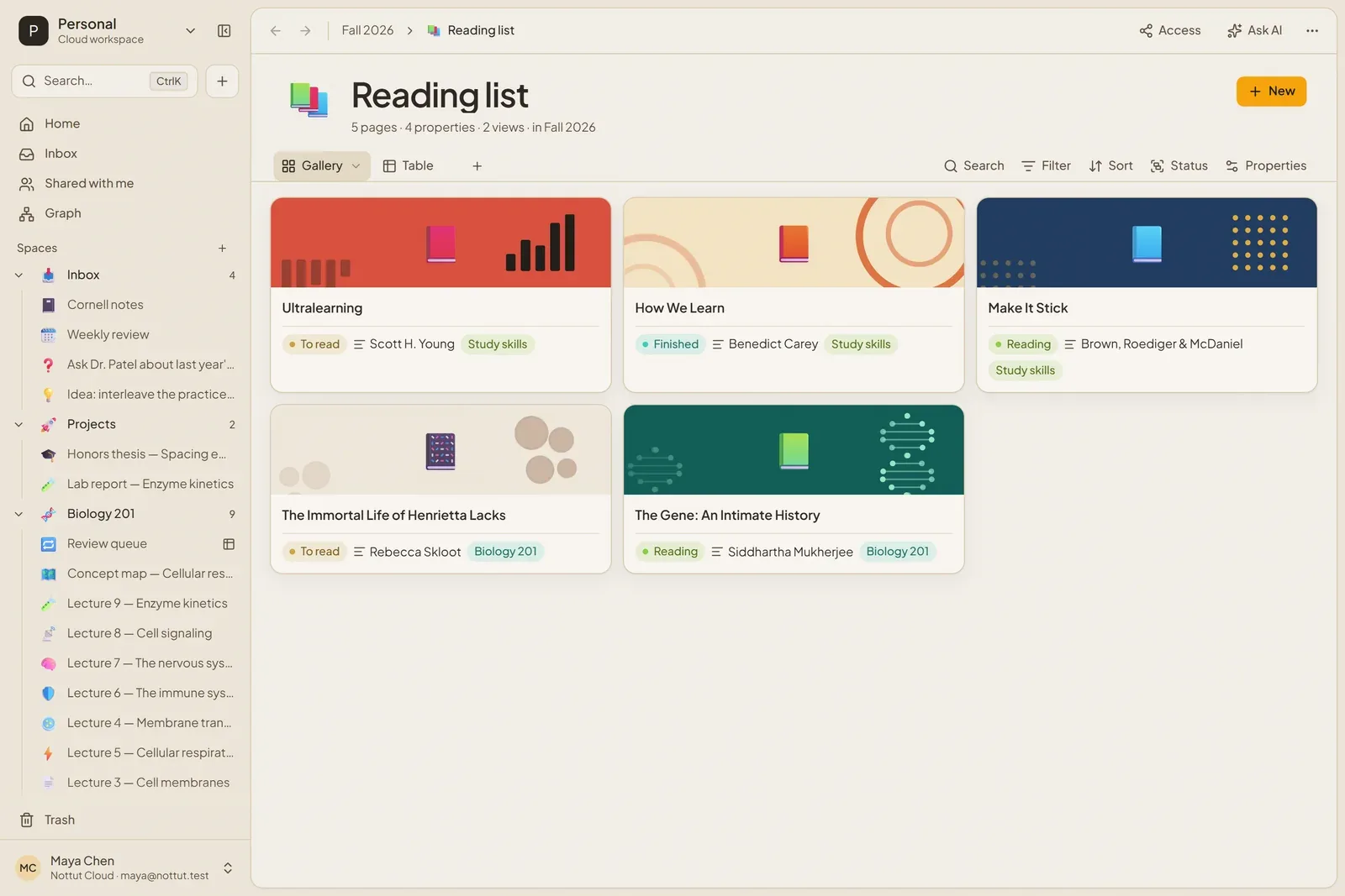 A Nottut reading list in gallery view with colorful cover bands, each card showing the book title, reading status, author and course