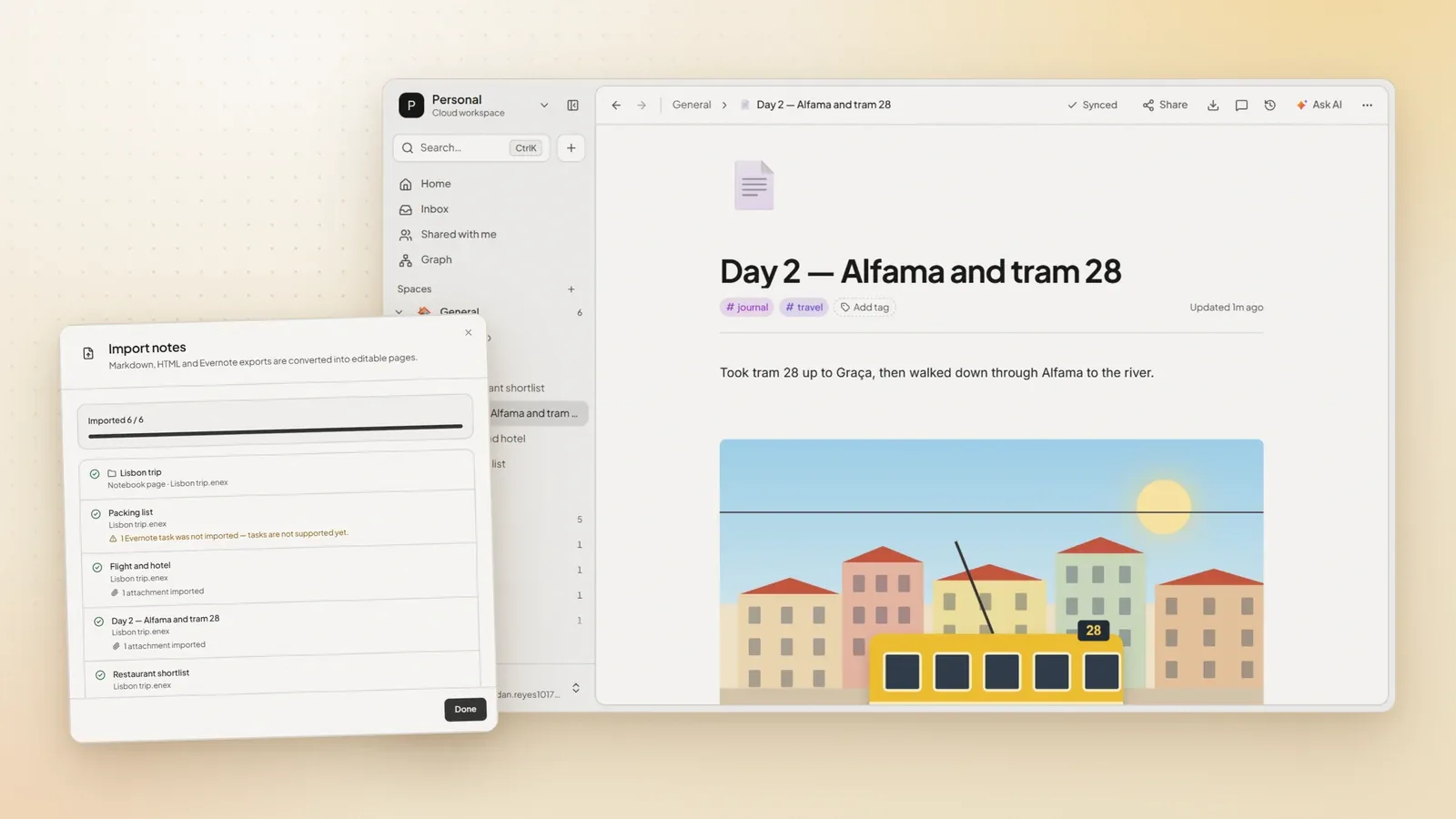 An imported Evernote travel note in Nottut with its photo, next to the import report that lists every note, attachment and task
