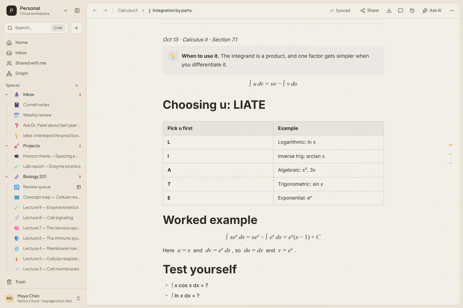 A Nottut calculus note on integration by parts with the formula, a table of the LIATE rule, a worked example and practice questions