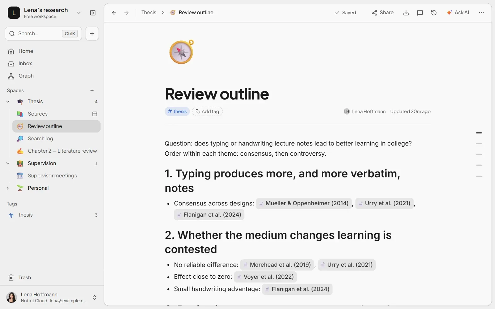 A Nottut page outlining a literature review with headings for each theme and links to the source pages under every claim