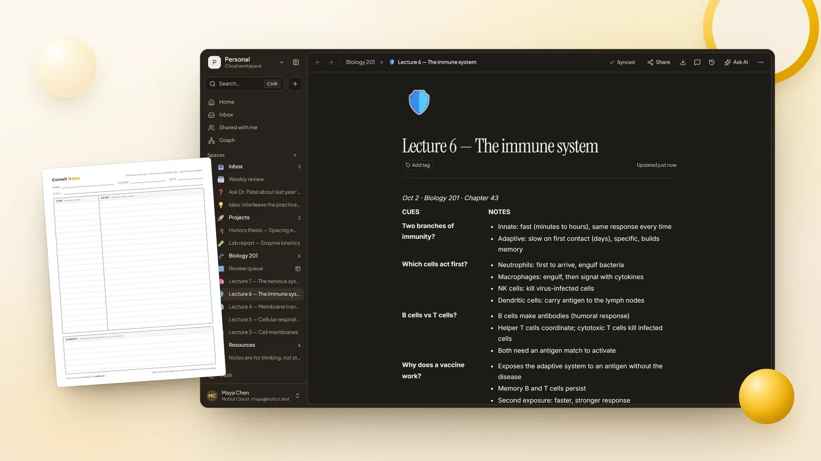 A printable Cornell notes template next to the same layout in the Nottut app, with cues on the left and notes on the right
