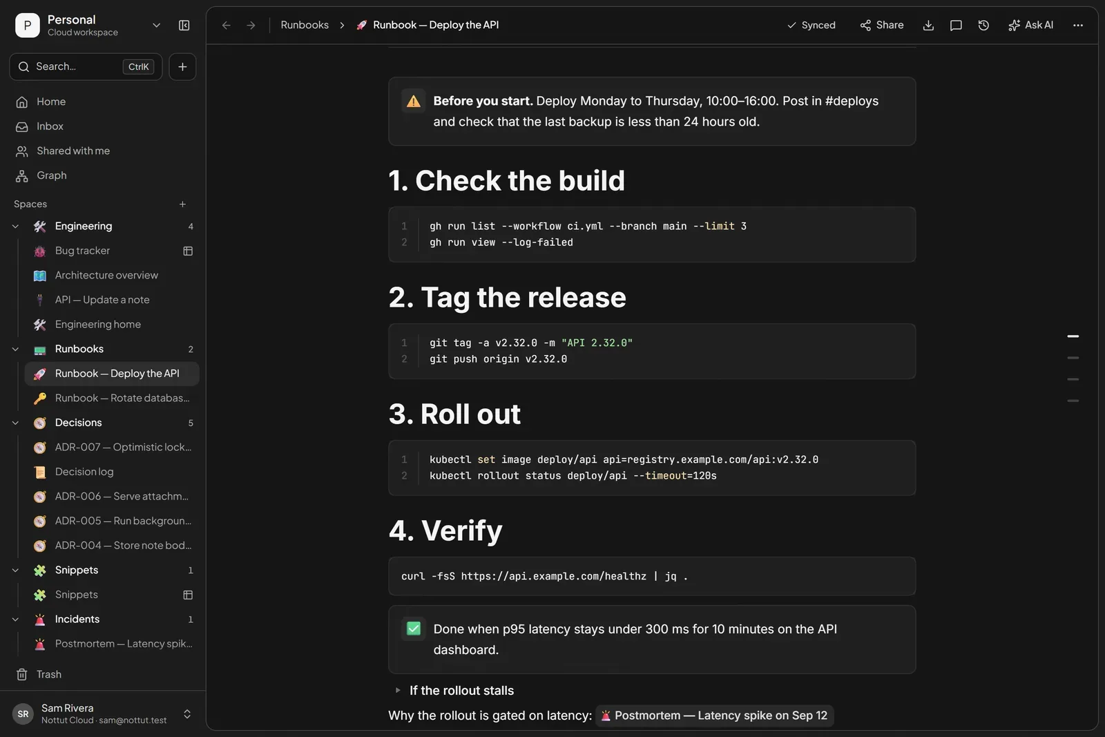 A Nottut runbook called Deploy the API with a warning callout, numbered steps with Bash code blocks, a success check and a collapsed section for when the rollout stalls
