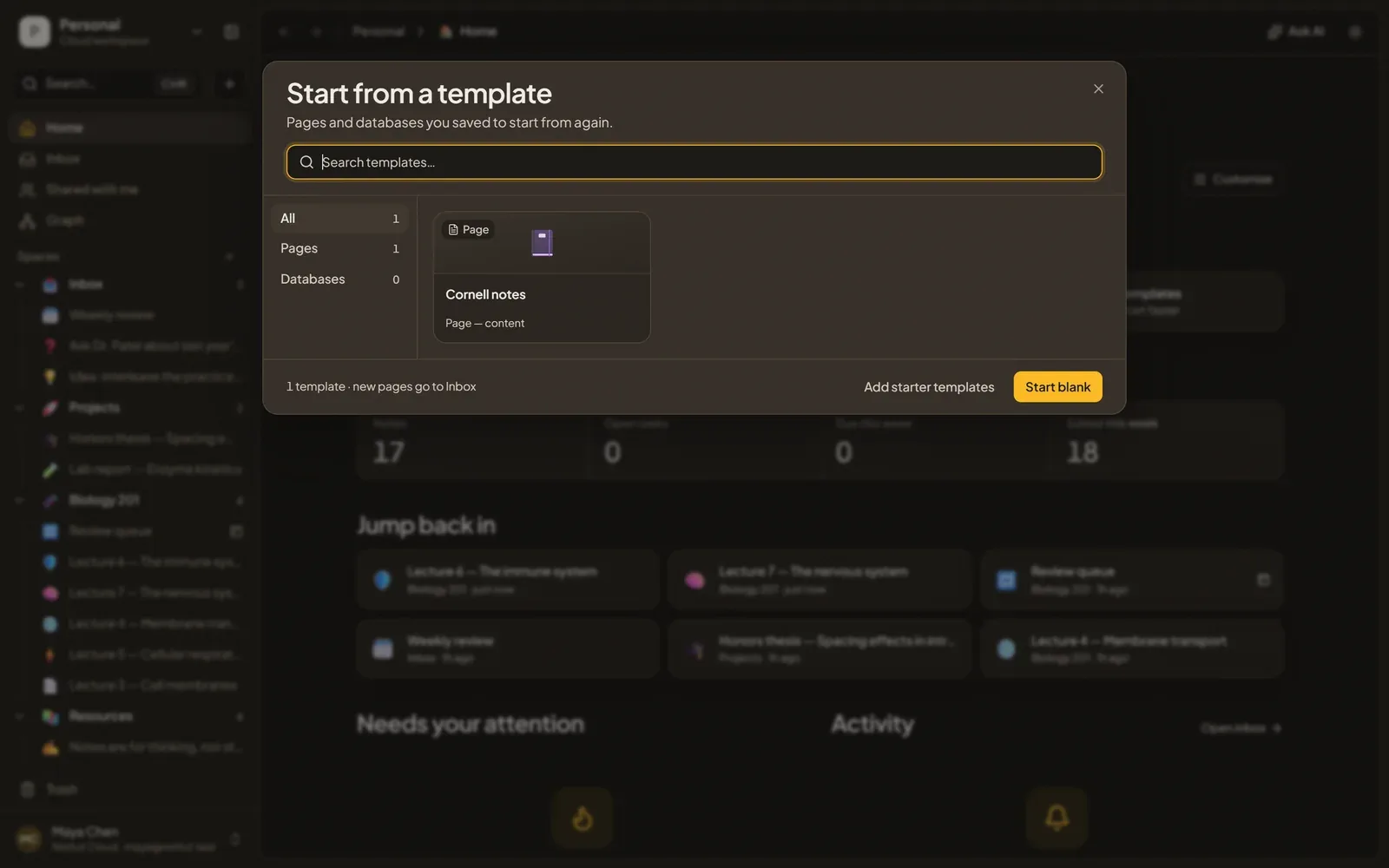 The Nottut 'Start from a template' window listing a saved Cornell notes page template