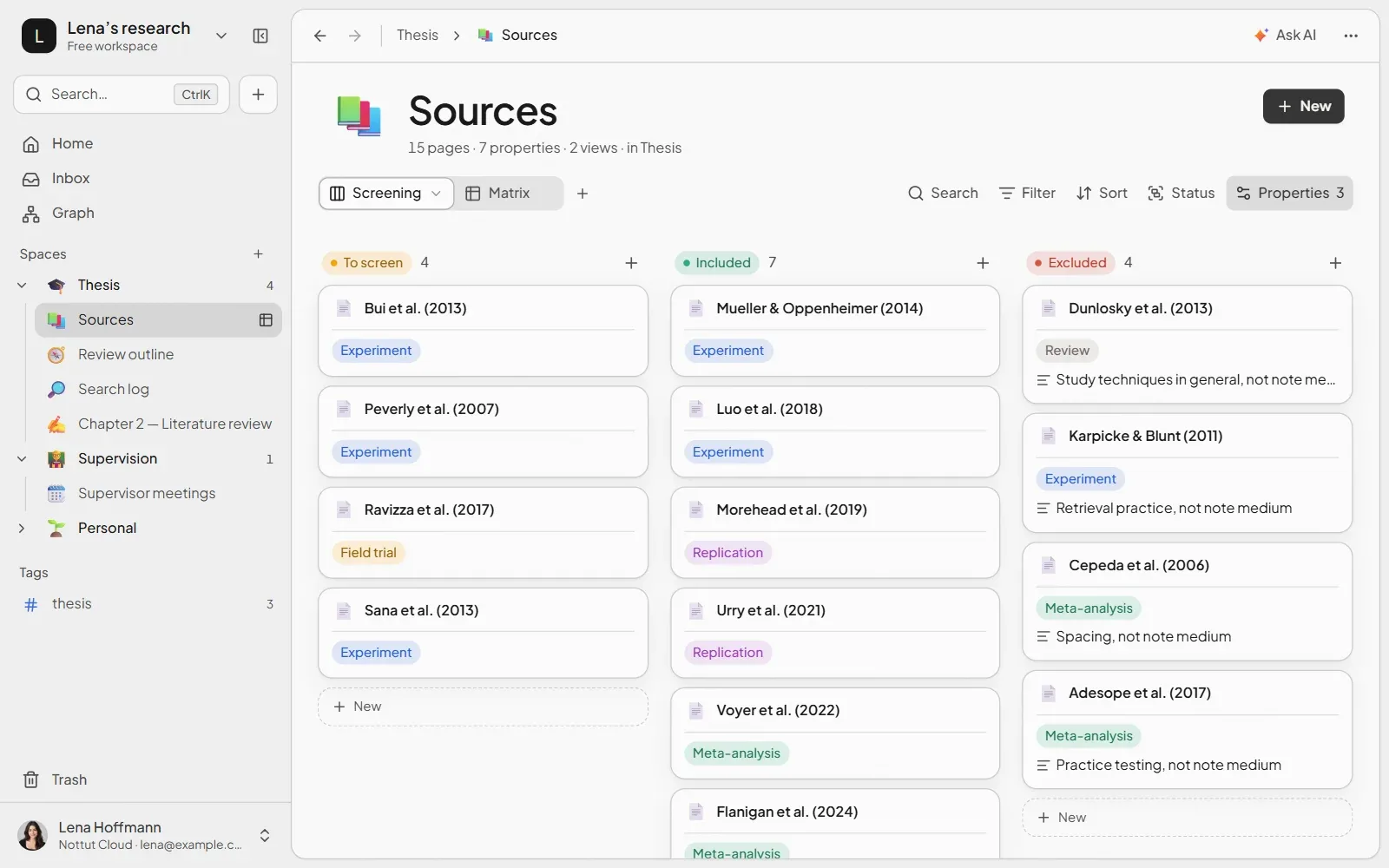 A Nottut board view of sources grouped into To screen, Included and Excluded, with an exclusion reason on each excluded card