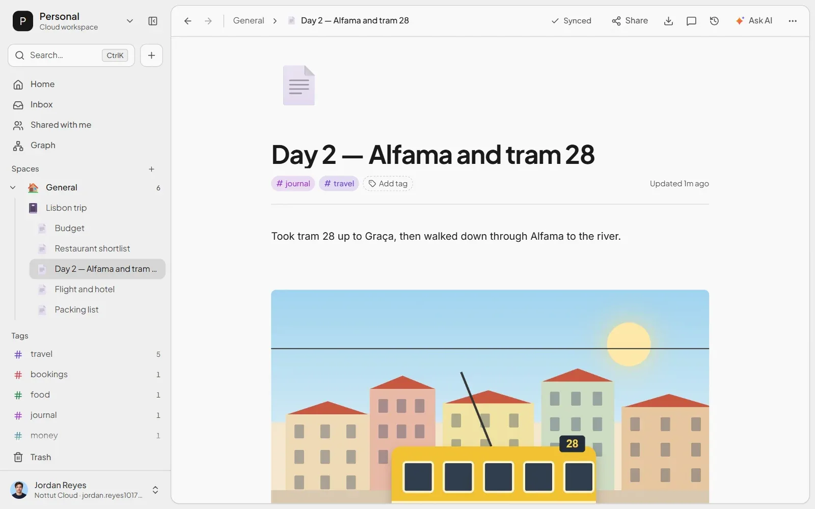 The imported Evernote note Day 2 — Alfama and tram 28 in Nottut, with its tags and the photo in place