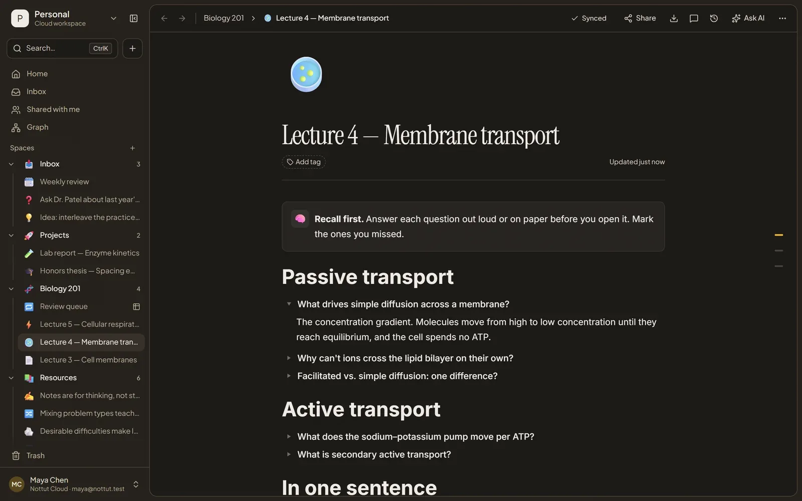 A Nottut lecture note on membrane transport written as recall questions, each answer hidden in a toggle