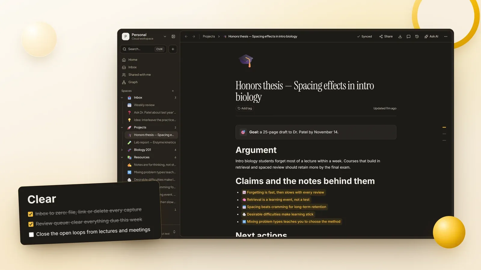 A Nottut project page whose claims link to the notes behind them, with a weekly review checklist in front