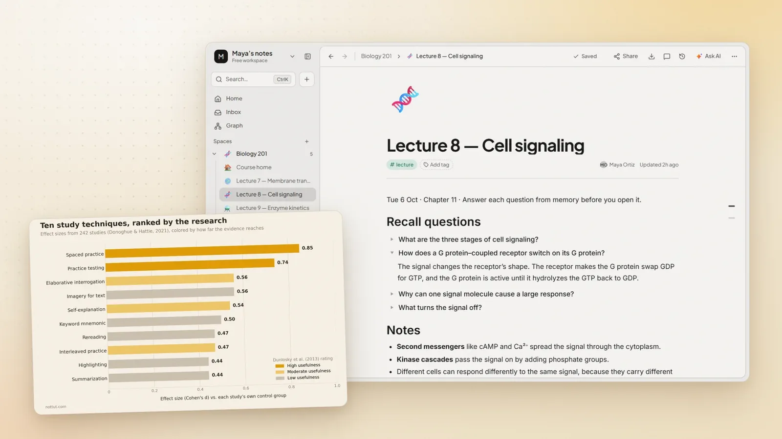 A chart ranking ten study techniques by the evidence, next to a Nottut lecture note with recall questions hidden in toggles