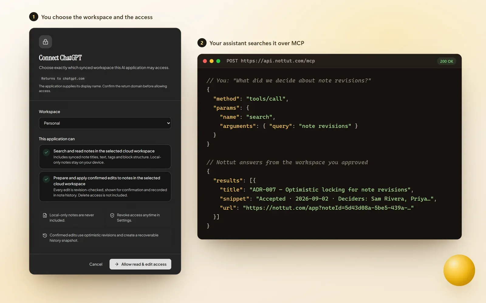 Two steps side by side: Nottut's consent screen for connecting ChatGPT, with a workspace picker and the permissions it grants, and the MCP search call it enables, returning ADR-007 on optimistic locking for note revisions