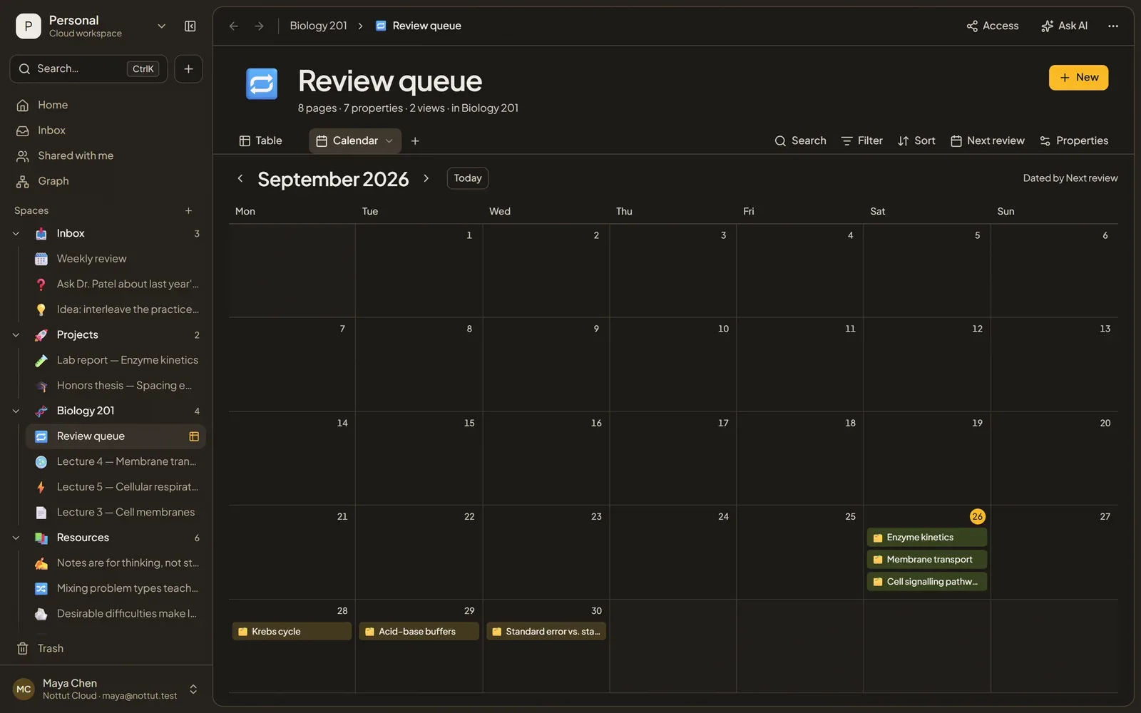 The Nottut review queue in calendar view, with three topics due today and more reviews spread over the next days