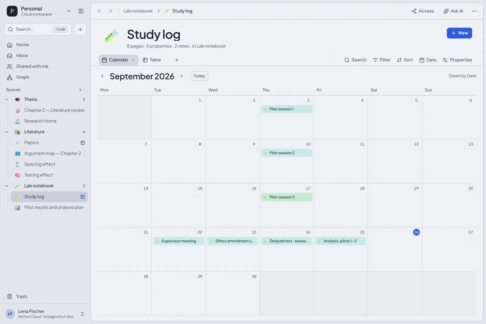 A Nottut database called Study log in a calendar view for September 2026, with pilot sessions on Thursdays, a supervisor meeting, an ethics amendment, a delayed test and an analysis session