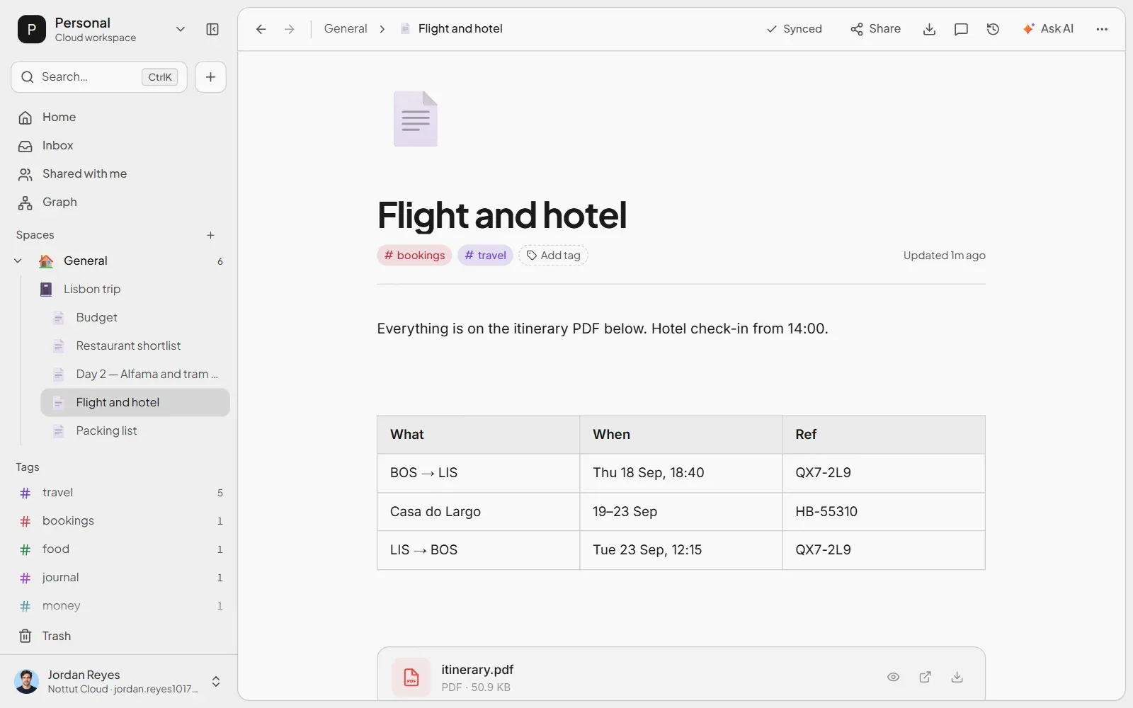 The imported note Flight and hotel in Nottut, with its bookings table and the itinerary PDF as an attachment