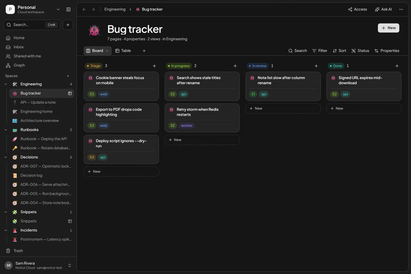 A Nottut board of bugs in Triage, In progress, In review and Done columns, each card tagged with a severity from S1 to S4 and a service