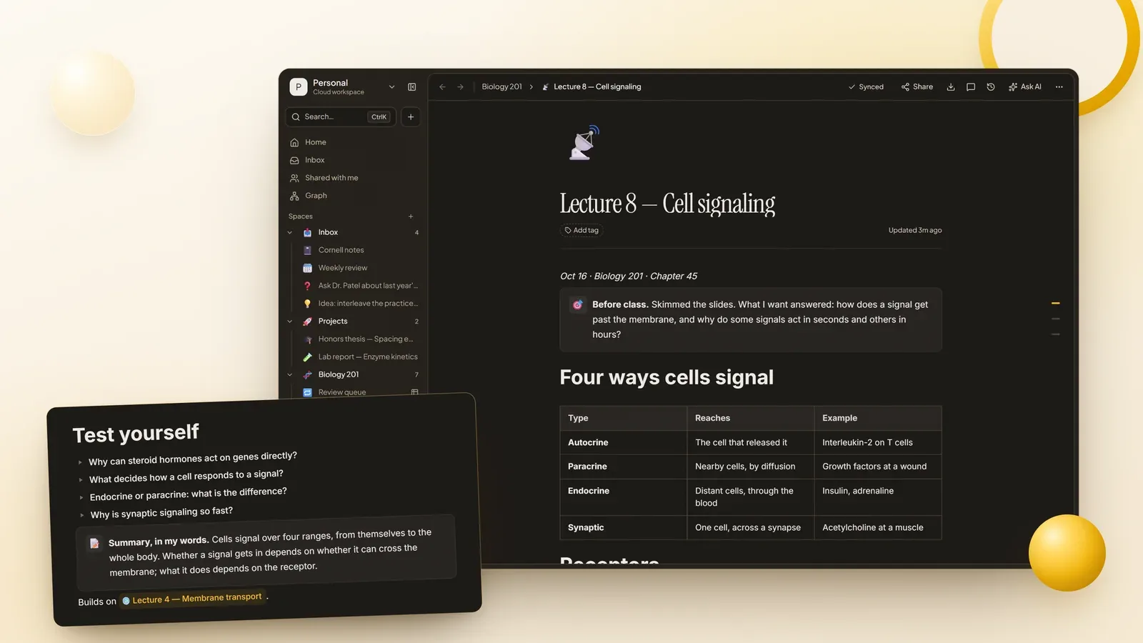 A lecture note in Nottut with before-class questions, a comparison table and a Test yourself section whose answers are hidden in toggles
