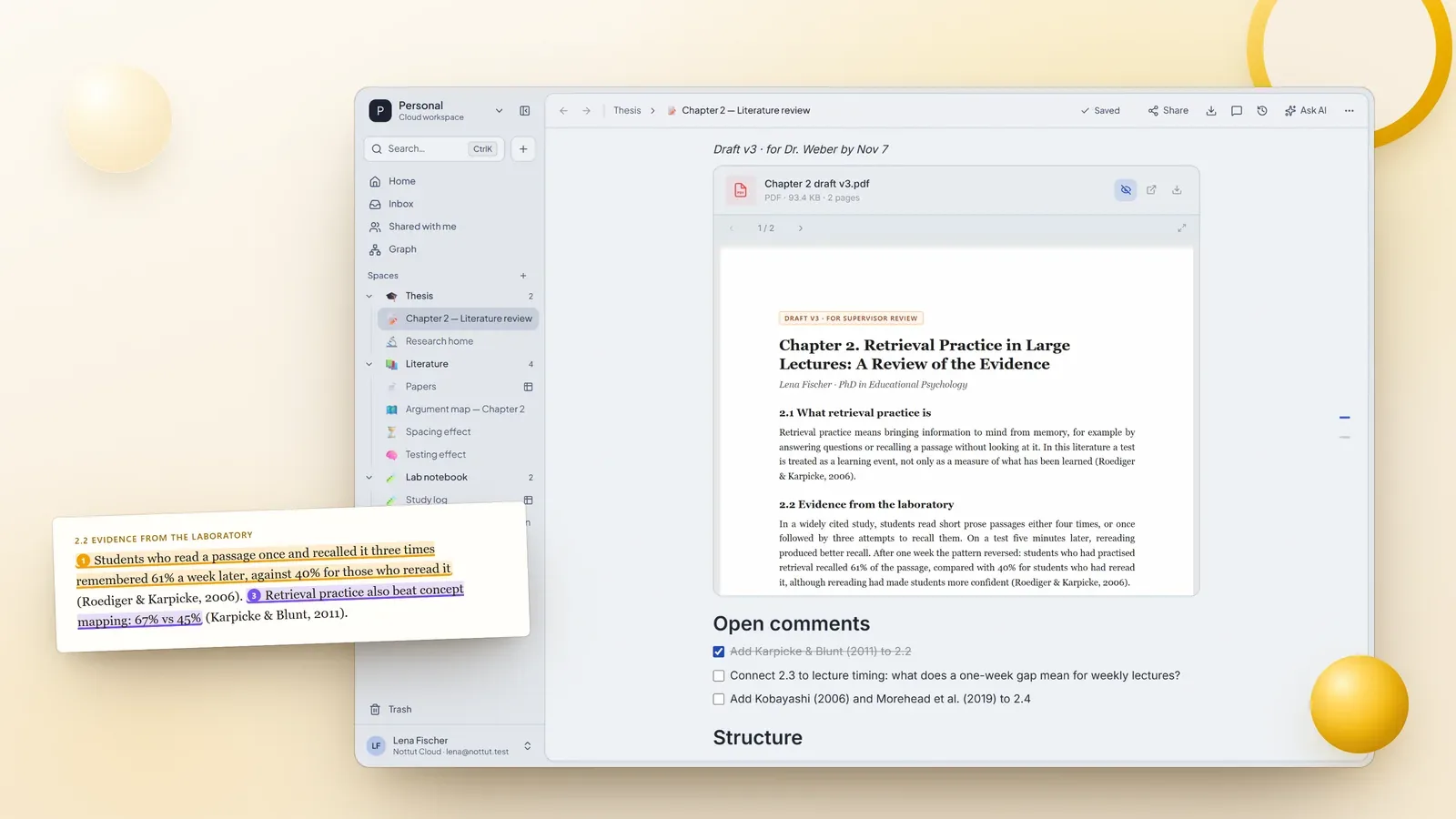A thesis chapter draft previewed in Nottut, next to an annotated paragraph whose highlighted sentences come from rows of a literature review matrix