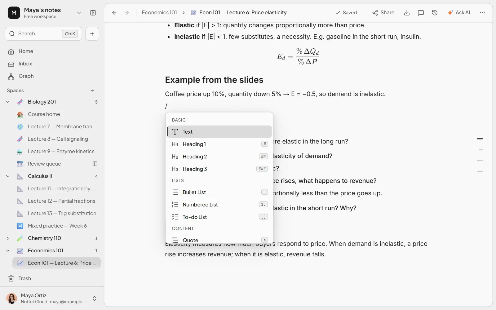 The Nottut block menu opened by typing a slash in a lecture note, listing text, headings, lists and to-do blocks