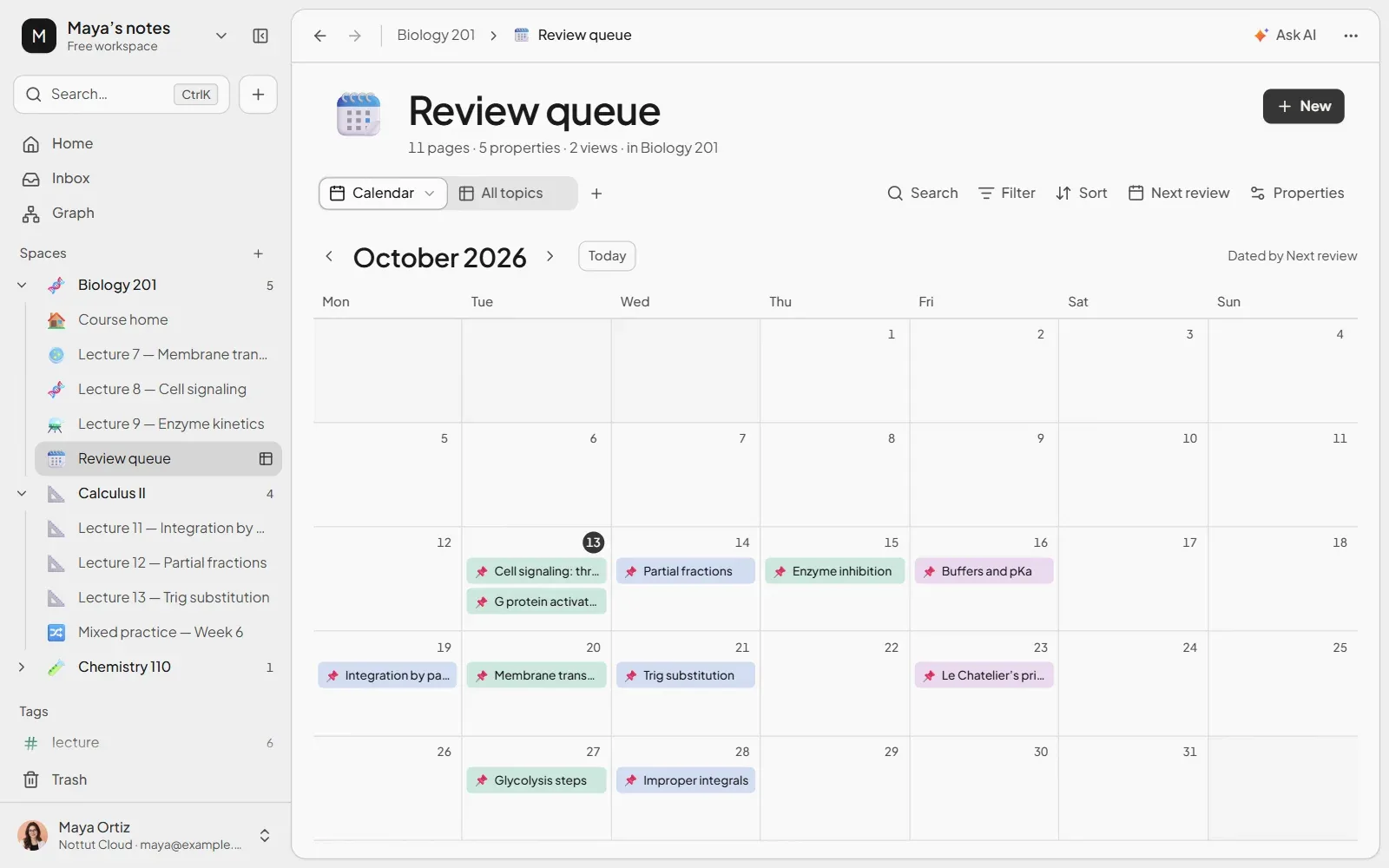 A Nottut review queue database in calendar view, with topics placed on their next review dates
