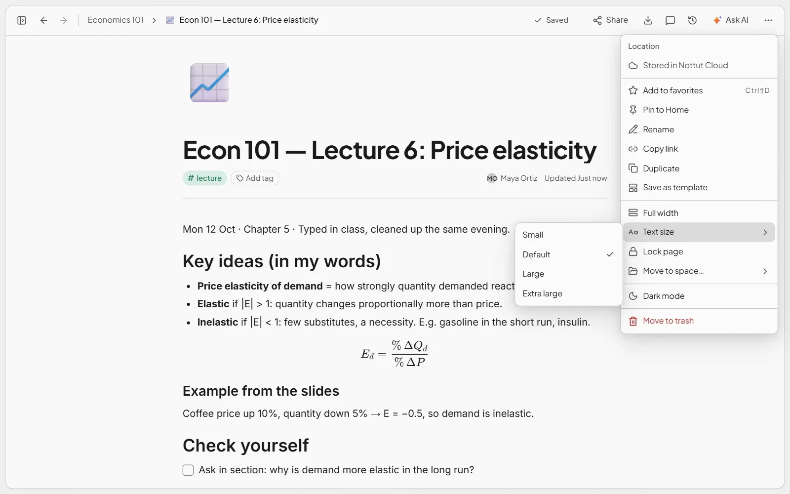 A Nottut lecture note with the sidebar hidden and the page menu open, showing the Full width and Text size options