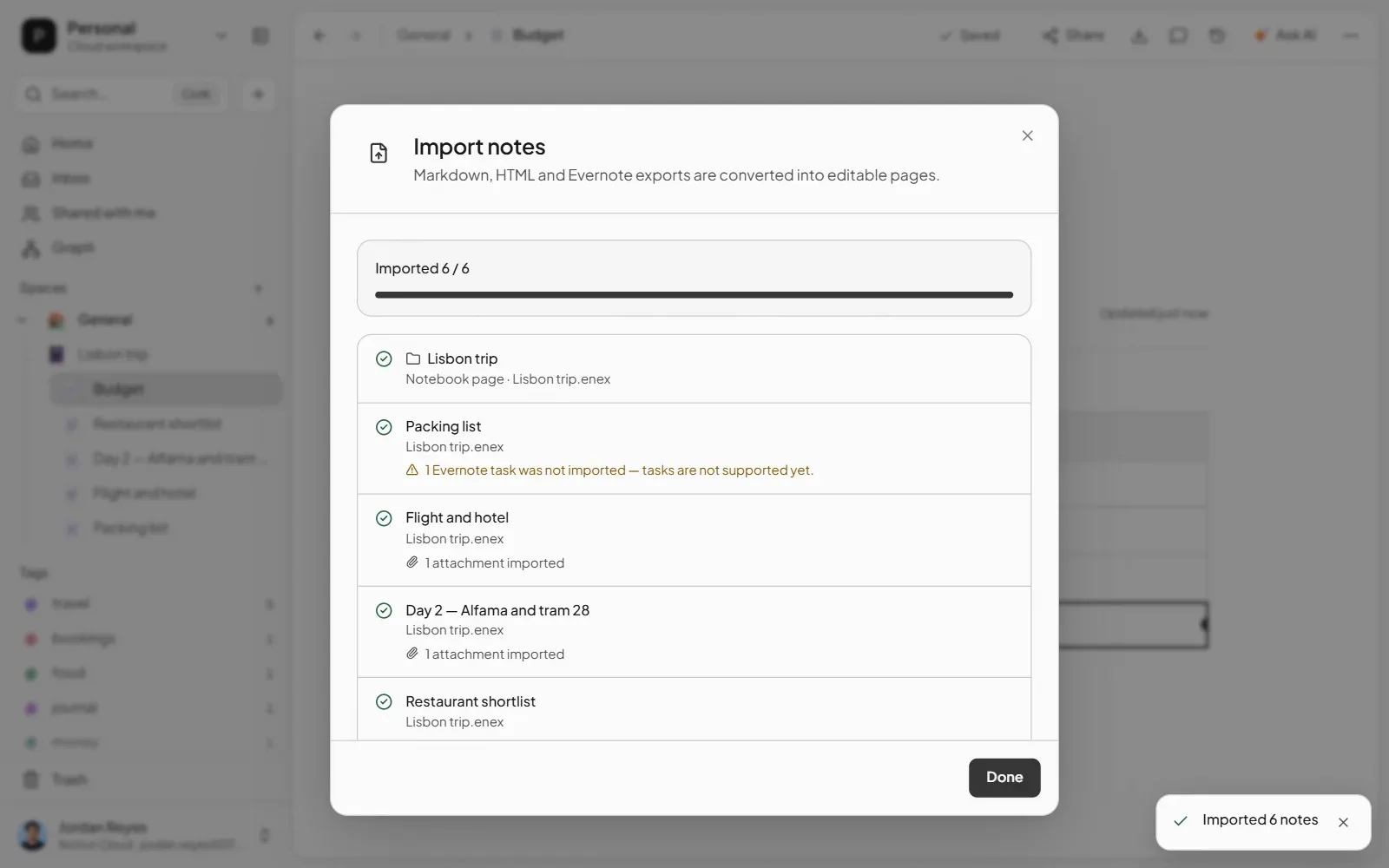Nottut's import report for Lisbon trip.enex: a notebook page, five notes, one Evernote task not imported and two attachments imported
