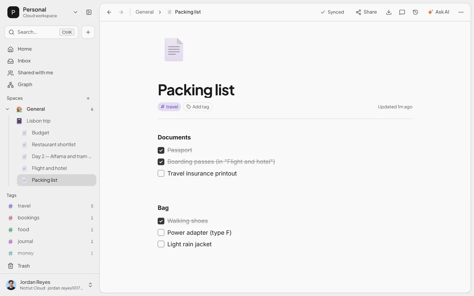 The imported Packing list note in Nottut: a to-do list where Passport, Boarding passes and Walking shoes are checked and the other items are not