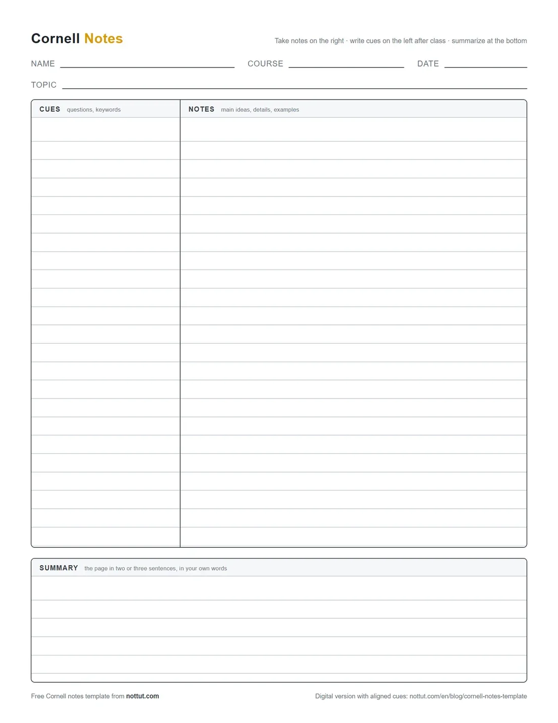 Printable Cornell notes template with name, course, date and topic fields, a narrow cue column, a wide notes column and a summary box at the bottom