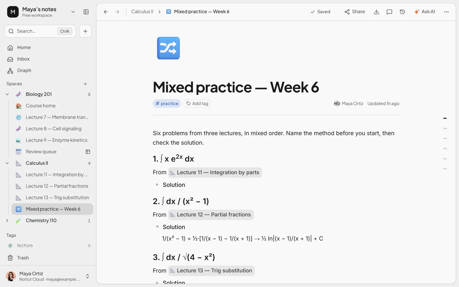 A Nottut page titled Mixed practice with problems from three different lectures in mixed order, solutions hidden in toggles