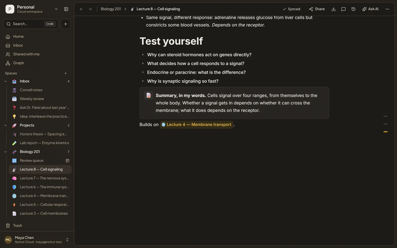 The Test yourself section of the Nottut lecture note: four questions with answers hidden in toggles, a summary callout and a link to Lecture 4