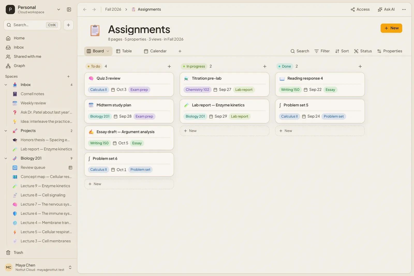A Nottut board of assignments in To do, In progress and Done columns, each card tagged with its course, due date and type