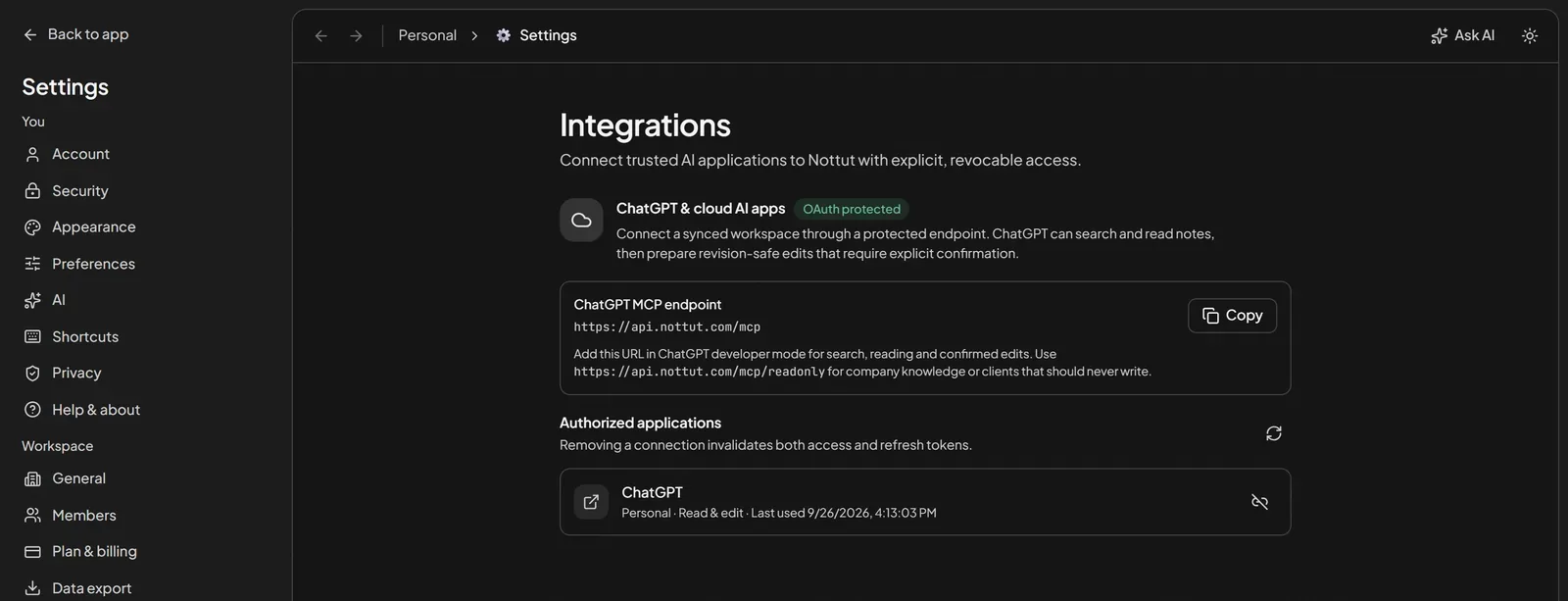 Nottut's Integrations settings showing the OAuth-protected MCP endpoint, the read-only endpoint, and ChatGPT listed under authorized applications with read and edit access