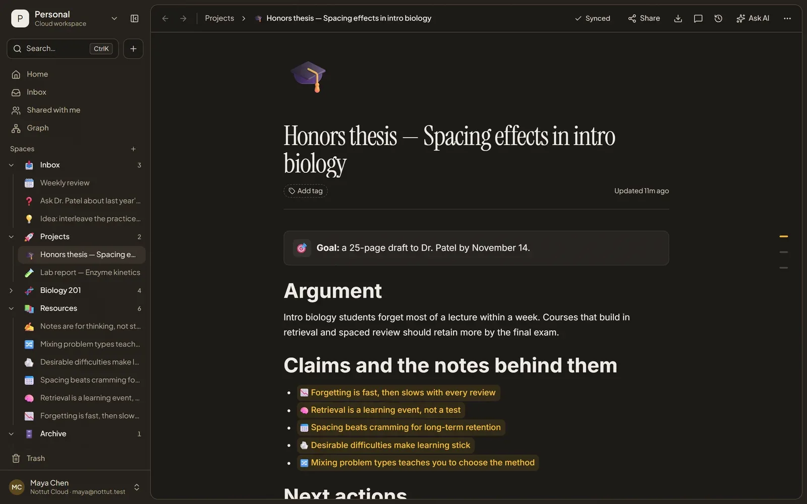 A Nottut project page for an honors thesis, listing its claims as links to the notes behind them, with Inbox, Projects, Resources and Archive spaces in the sidebar