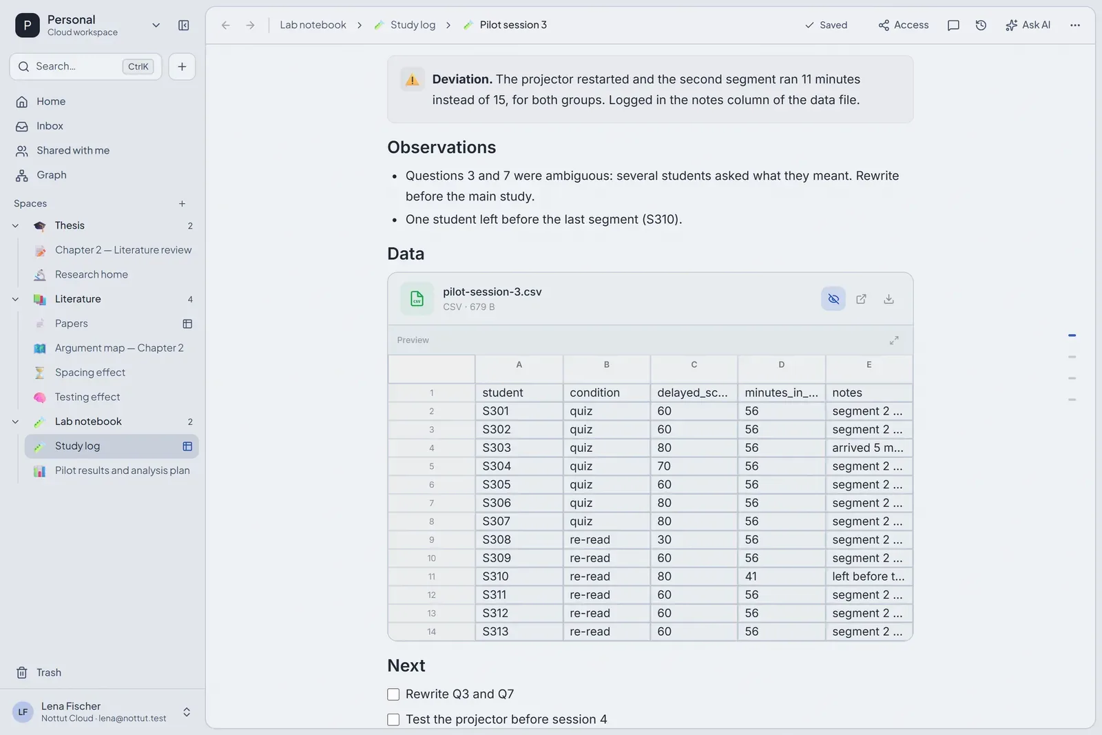 A Nottut log entry for pilot session 3 with a deviation callout about a shortened lecture segment, observations, and a CSV data file previewed as a spreadsheet grid
