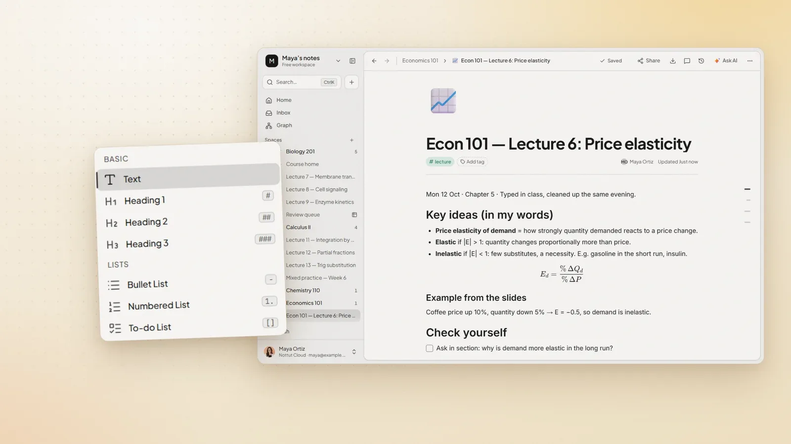 A typed economics lecture note in Nottut with headings, a formula and review questions, next to the slash menu of blocks