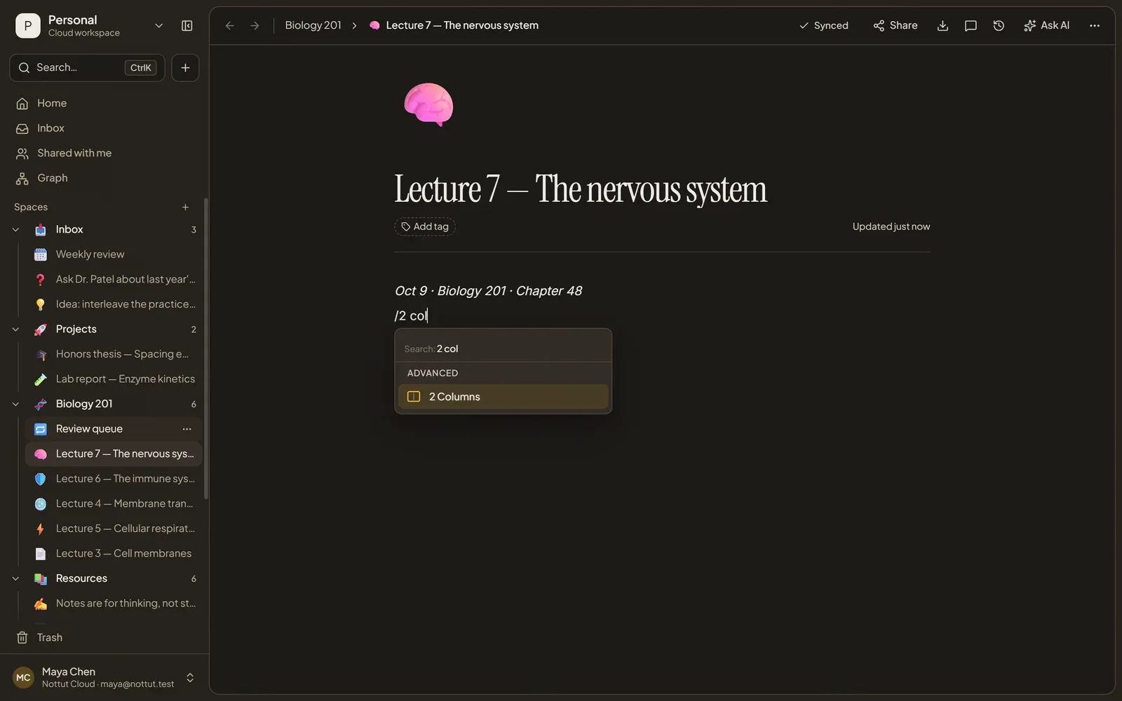The Nottut slash menu filtered by '2 col', offering the 2 Columns block