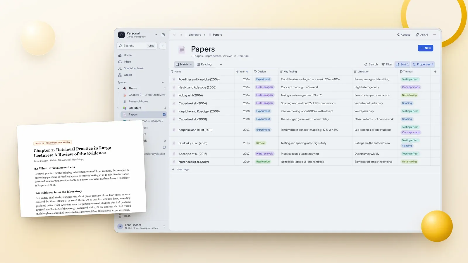 A literature review matrix in Nottut with ten studies, their design, key finding and limitation, next to the first page of a thesis chapter draft