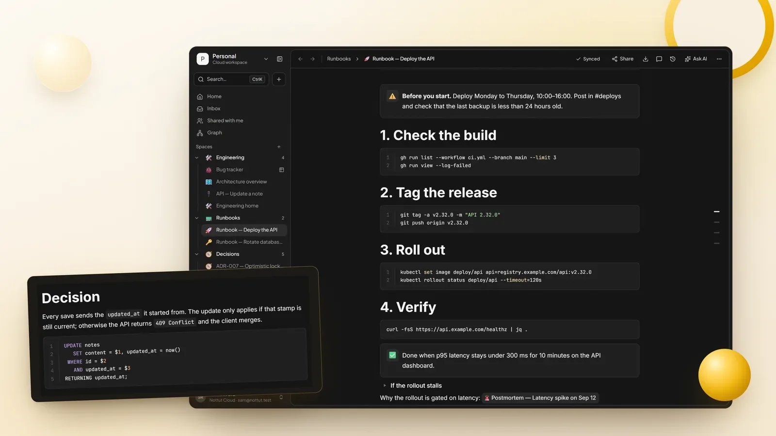 A deploy runbook in Nottut's dark theme with code blocks and a warning callout, next to an architecture decision record with a SQL snippet