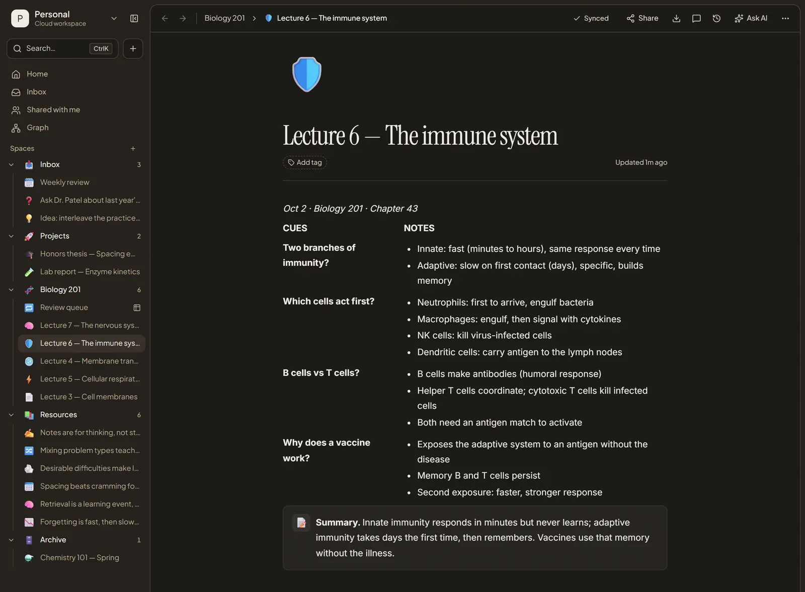 A Cornell-style lecture note in Nottut: cues such as 'Which cells act first?' in a narrow left column, bullet-point notes in a wide right column, and a summary callout at the bottom
