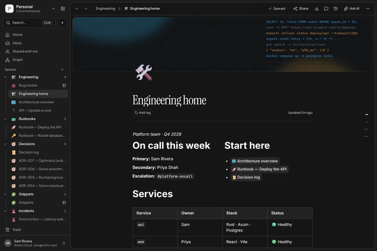 A Nottut page called Engineering home in the dark theme, with a code-themed cover, on-call names next to links to the architecture overview, deploy runbook and decision log, and a services table