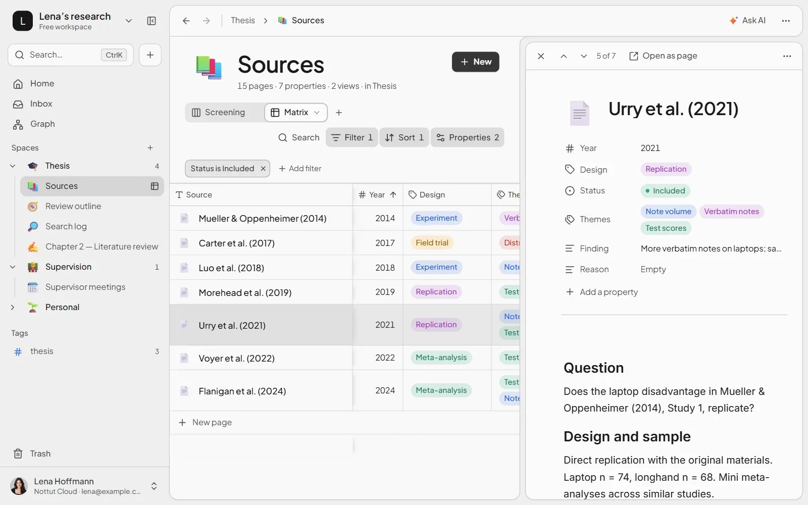 Urry et al. 2021 opened from the sources database in Nottut, showing its properties and structured notes under the headings Question and Design and sample
