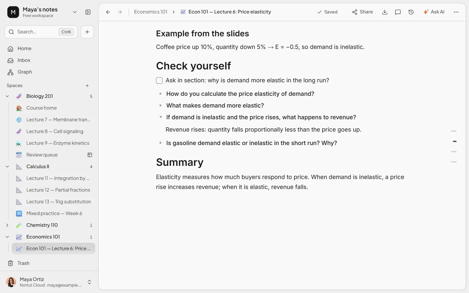 The end of a Nottut lecture note: an open question as a to-do, review questions in toggles and a short summary