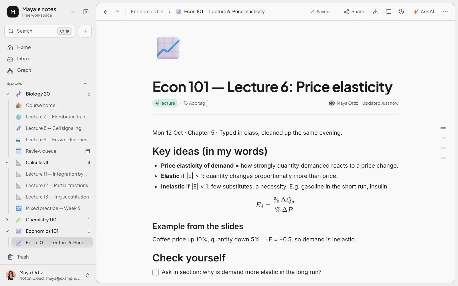 A typed economics lecture note in Nottut with headings, short bullet points, a rendered elasticity formula and an example