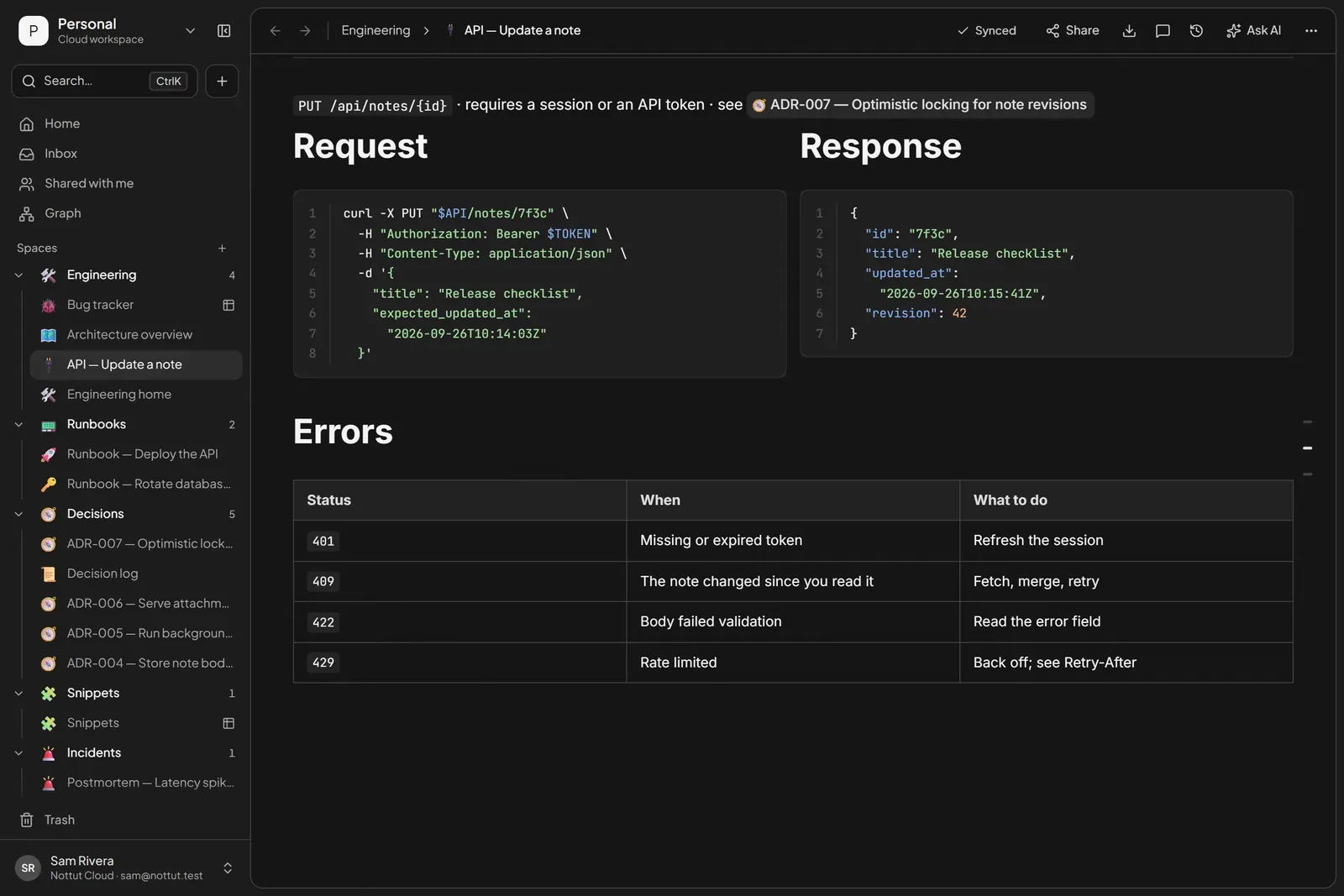 A full-width Nottut page documenting an API endpoint, with a curl request and a JSON response in two columns and a table of error codes below