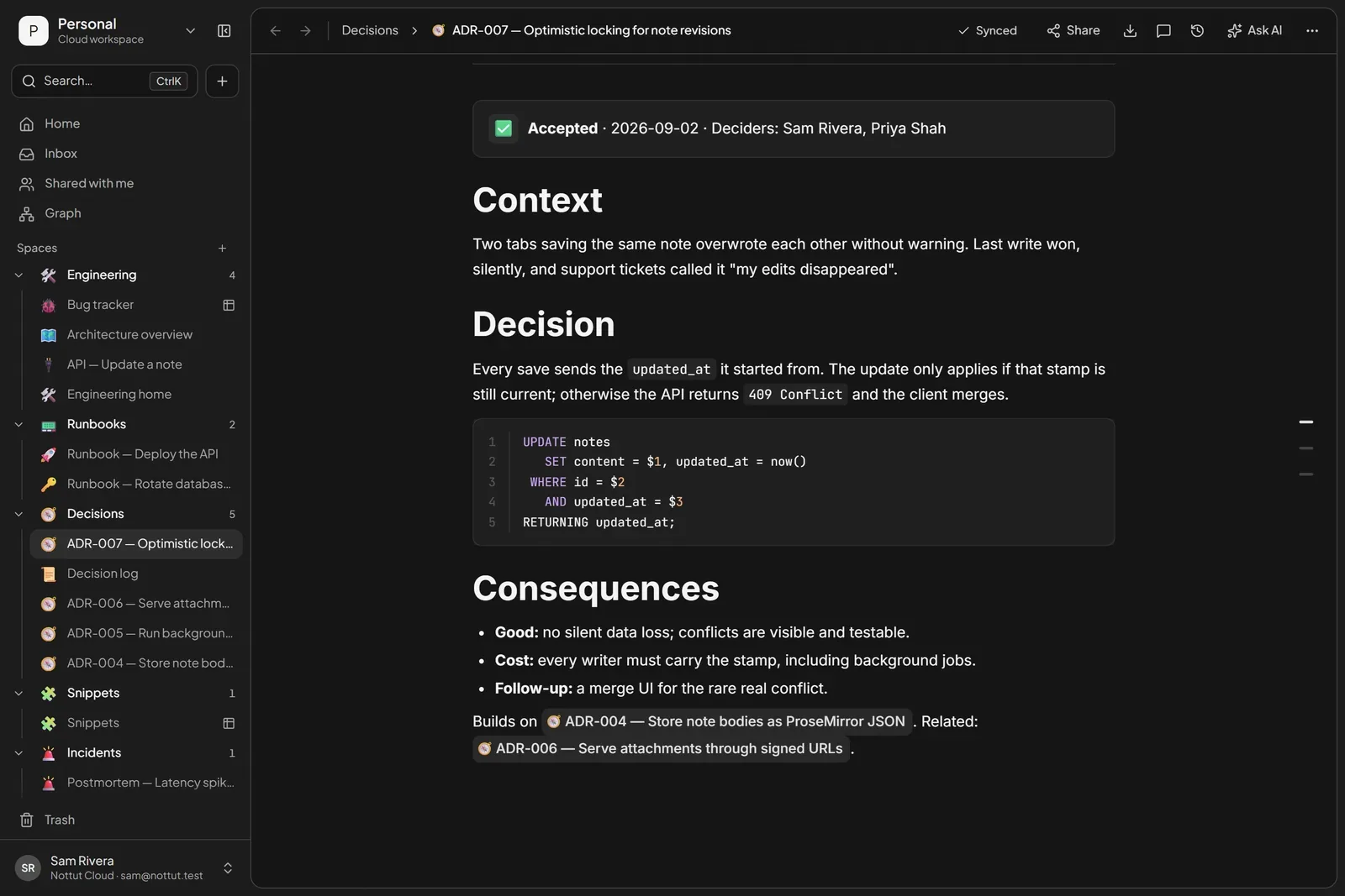 A Nottut architecture decision record, ADR-007, with an Accepted status callout, context, a decision with a SQL snippet, consequences and links to related records