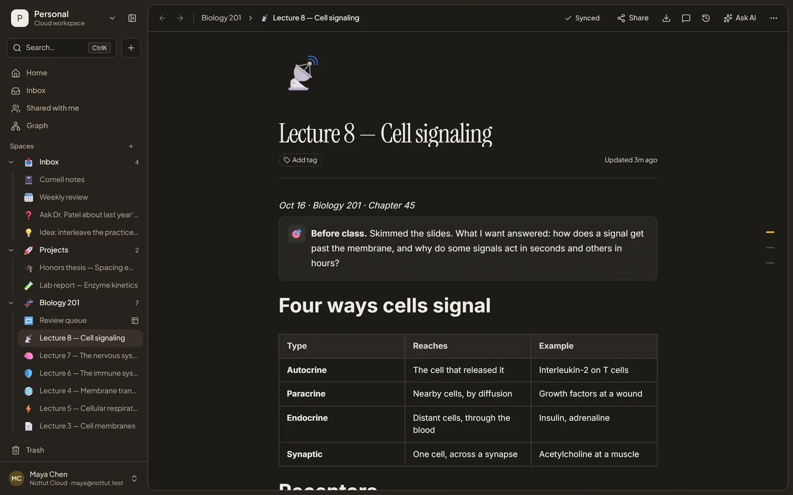 A Nottut lecture note on cell signaling with before-class questions in a callout and a comparison table of four signaling types