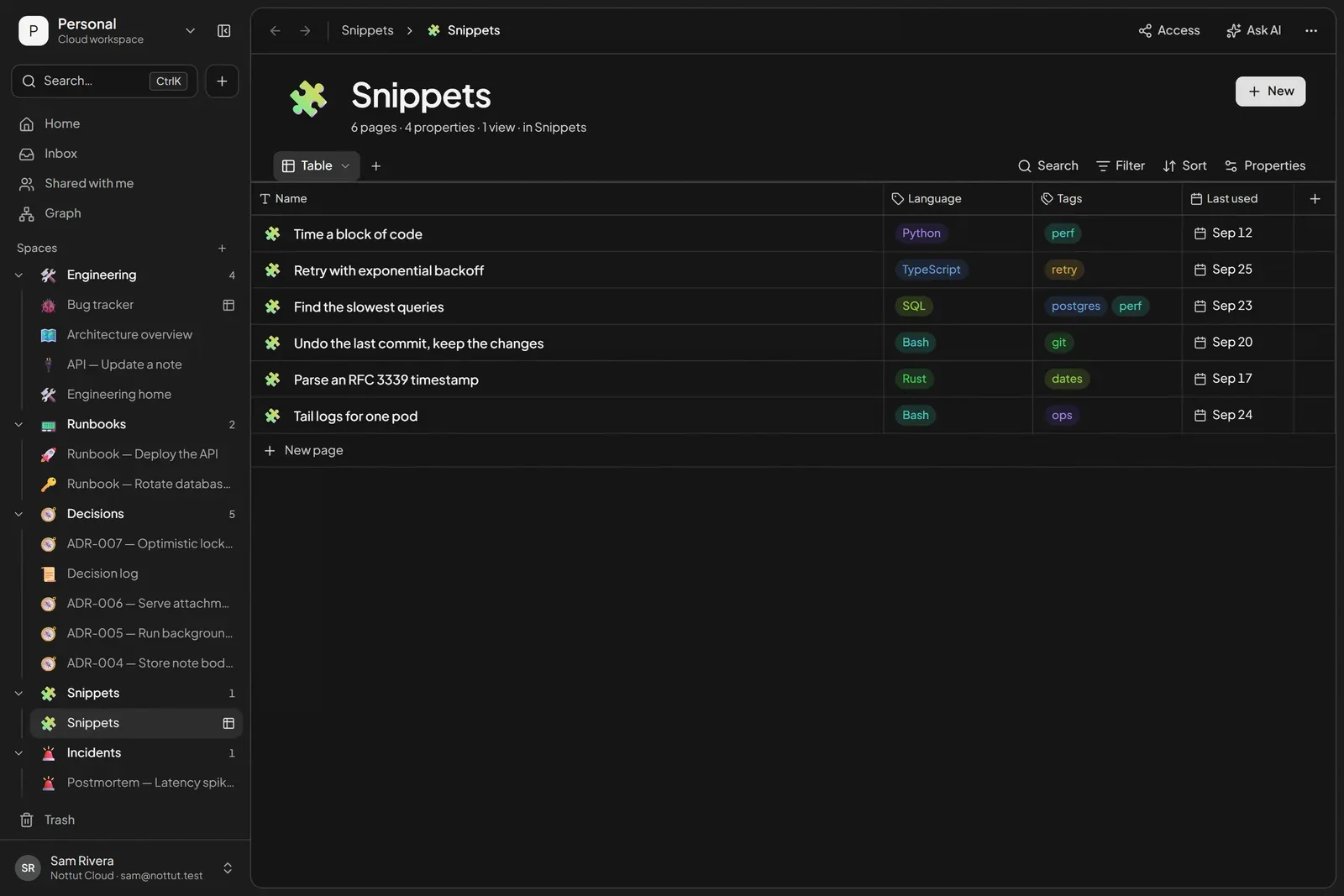 A Nottut database of code snippets with language, tag and last-used columns, including a retry helper, a slow-query SQL snippet and git commands