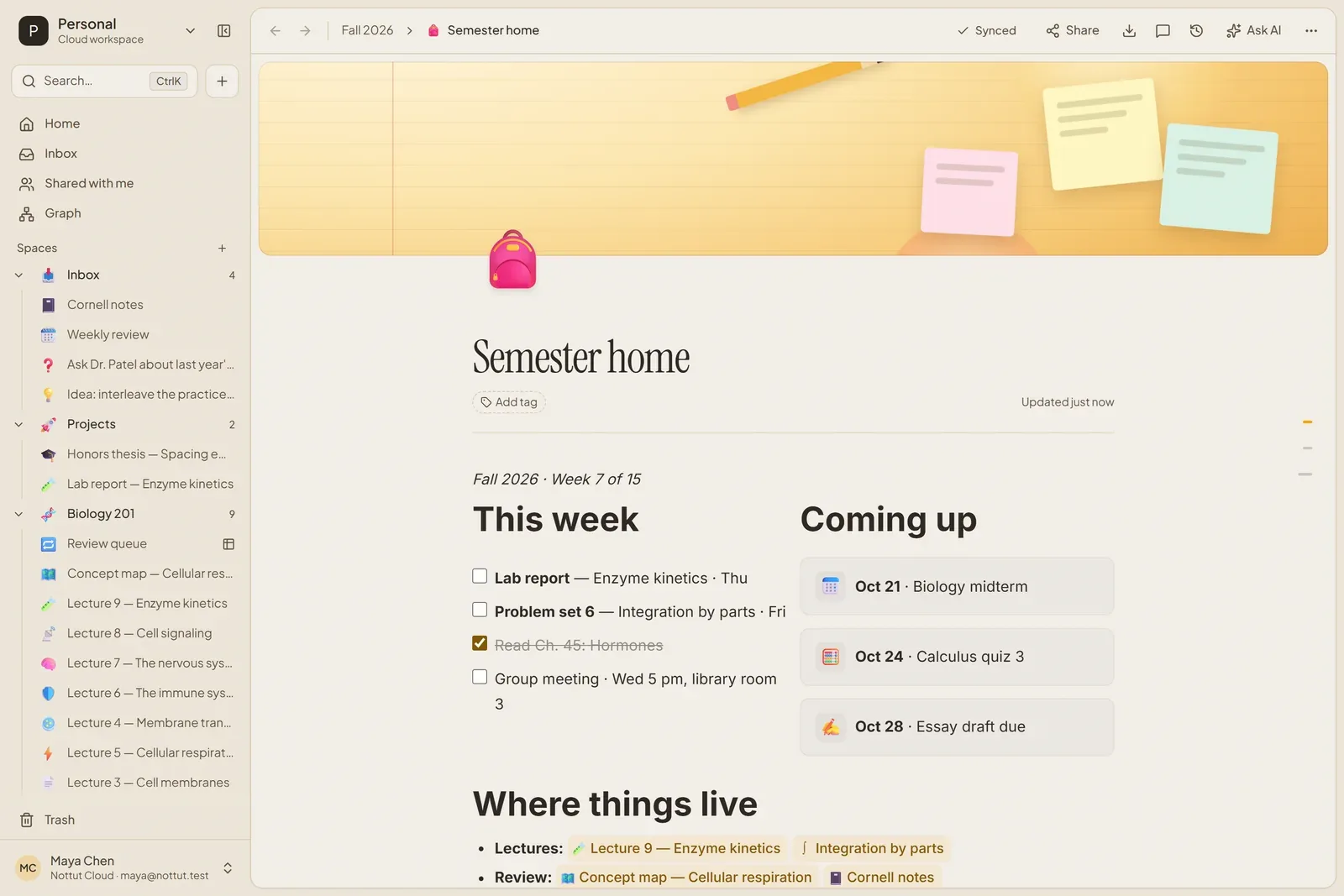 A Nottut page called Semester home with a cover image, a this-week task list next to upcoming exam dates, and links to lecture notes