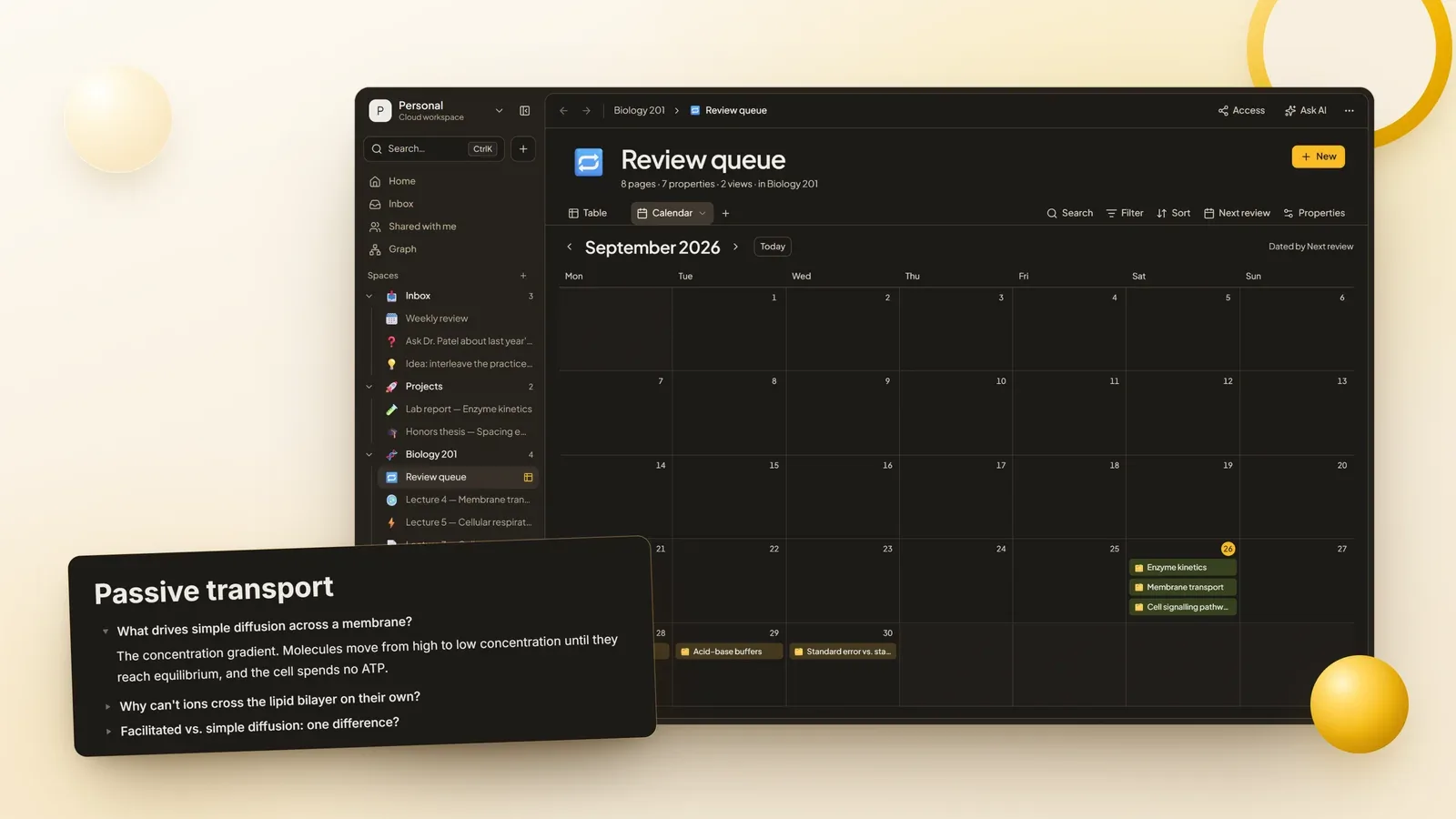 A Nottut review queue in calendar view, with a lecture note written as recall questions in front of it